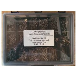 Art 9047 sp�npladeskrue sortiment rustfri syrefast A4 �4.0-4.5 unders�nket Torx