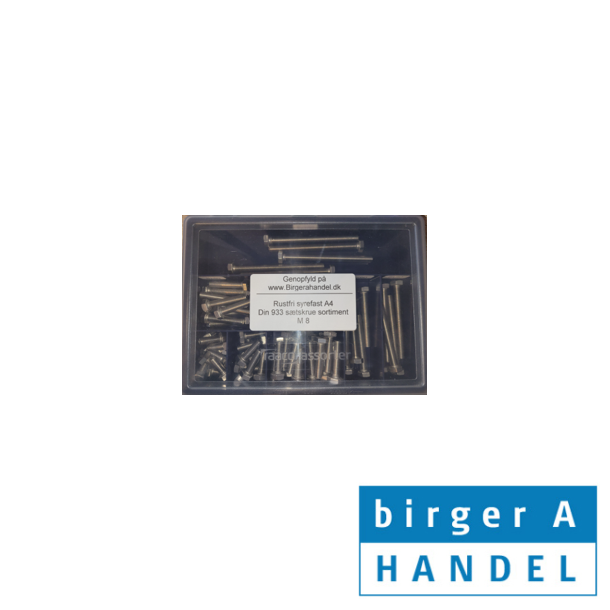 Din 933 M 8 rustfri syrefast A4 s�tskrue sortiment 9 rums