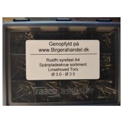 Art 9046 sp�npladeskrue sortiment rustfri syrefast A4 �3.0-3.5 linsehoved Torx