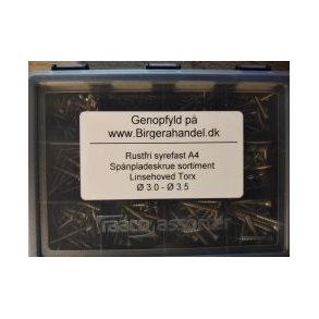 Art 9046 spnpladeskrue sortiment rustfri syrefast A4 3.0-3.5 linsehoved Torx