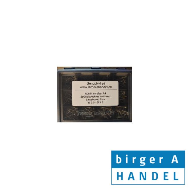 Art 9046 sp�npladeskrue sortiment rustfri syrefast A4 �3.0-3.5 linsehoved Torx