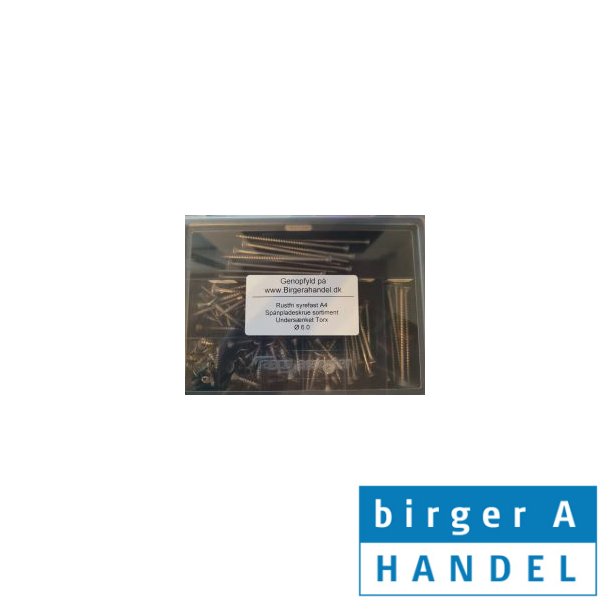 Art 9047 sp�npladeskrue sortiment rustfri syrefast A4 �5.0 unders�nket Torx