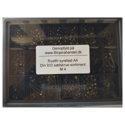 Din 933 M 4 rustfri syrefast A4 s�tskrue sortiment 18 rums